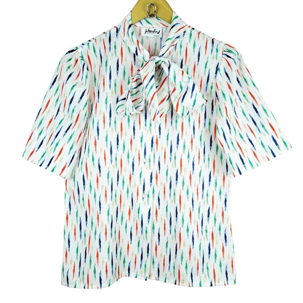 Vintage Jo Hardin Blouse Made In USA Size L Colorful Shirt White Bow Tie Neck